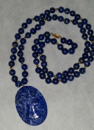 Vintage Lapis Lazuli Carved Cameo Pendant W/lapis & 14k Gold Bead Necklace 30 "