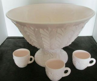 Vintage Jeannette Glass Feather Pat Pink Milk Glass Punch Bowl Base & 3 Cups