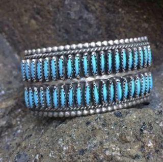 Lovely Vintage Zuni Sterling And Turquoise Needlepoint Cuff