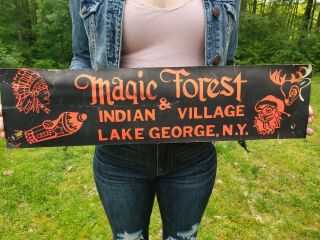 Vintage Magic Forest Sign Lake George Ny Indian Village Advertising Cardboard