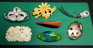 Vintage Japanese Brooch 7 Items 堆朱 Shell Wooden Pearl Kimono Obidome 1313 - 1