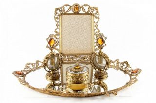 5 Piece Vintage Gilt Vanity Set Tray Frame 2 Perfume Box