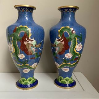 Pair (2) Vintage Antique Chinese Cloisonne Dragon Vases Large 8.  25” & Heavy
