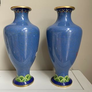 Pair (2) Vintage Antique Chinese Cloisonne Dragon Vases large 8.  25” & heavy 2