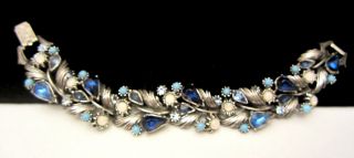 Rare Vtg 7 " X3/4 " Signed Florenza Silvertone Blue Rhinestone Moonstone Bracelet