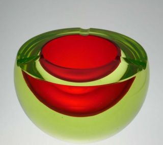 Vintage Murano Cenedese Sommerso Uranium Green/yellow & Red Ashtray Bowl Large
