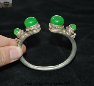 Old Chinese Dynasty Palace Silver Inlay Green Jade Gem Jewelry Bracelet Bangle
