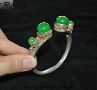 Old Chinese Dynasty Palace Silver inlay Green Jade Gem Jewelry bracelet Bangle 2