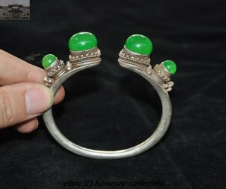 Old Chinese Dynasty Palace Silver inlay Green Jade Gem Jewelry bracelet Bangle 5