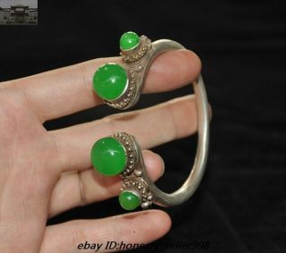Old Chinese Dynasty Palace Silver inlay Green Jade Gem Jewelry bracelet Bangle 7