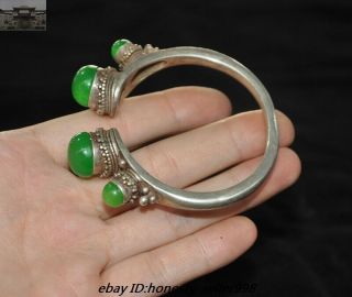 Old Chinese Dynasty Palace Silver inlay Green Jade Gem Jewelry bracelet Bangle 8