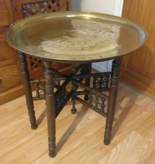 Antique Anglo/indian Folding Side Table With Brass Tray W57cm H54cm