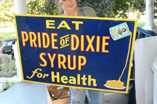 Rare Vintage C.  1940 Pride Of Dixie Syrup Pancake Gas Oil 2 Sided 36 " Metal Sign