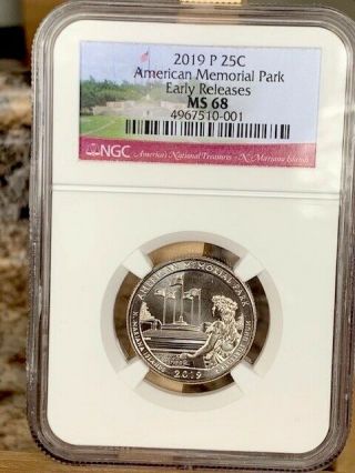 2019 - P American Memorial Park Quarter Ngc Ms 68 Early Releases - Rare
