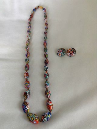 27 " Vtg Venetian Murano Moretti Millefiori Glass Bead Necklace & Earrings