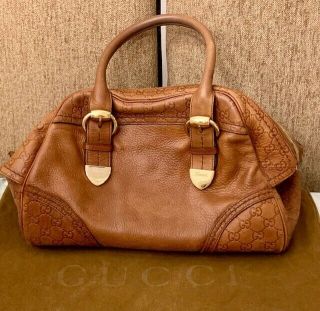 Authentic Vintage Gucci Leather Brown Tote Handbag With Gold Tone Buckle Signed
