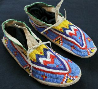 Vintage Sioux Fully Beaded Adult Moccasins Late 1800 Early 1900 