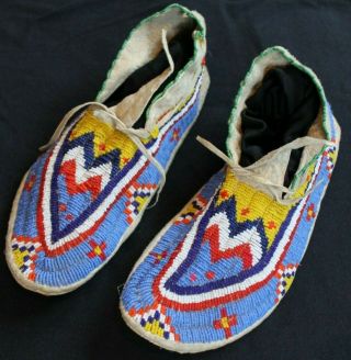 Vintage Sioux Fully Beaded Adult Moccasins Late 1800 Early 1900 ' s Adult Size 2