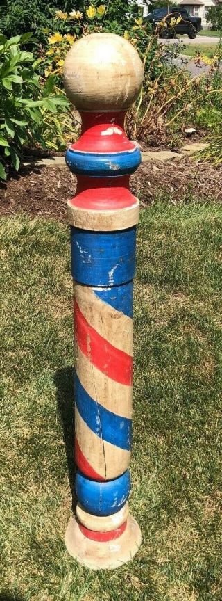 Antique Vintage Early 41” Red White Solid Wood Barber Pole