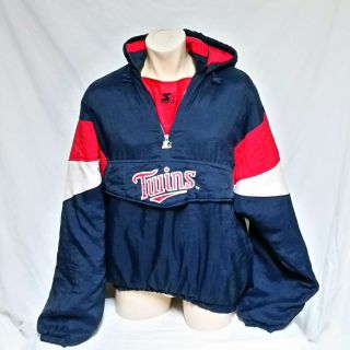 Vtg Minnesota Twins Starter Pullover Coat Winter Jacket Mlb Hooded Parka 90s Xl