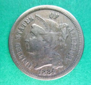 Rare 1884 Nickel Three - Cent Piece.  Vf Details.  Rare