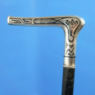Antique Art Deco Walking Cane 900 Silver Niello Handle Ebonized Wood Body C1920
