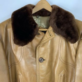 Vintage Cortefiel Mens Brown Leather Coat Bomber Jacket M L Spain Fur Collar Opt 4