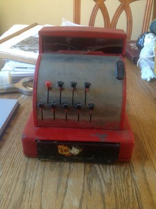 Vintage Tom Thumb Cash Register Tin Metal Toy Western Red Antique