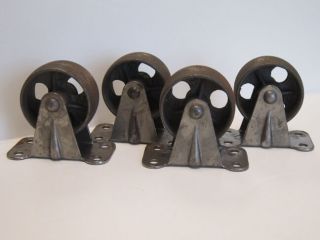 Set Of 4 Vintage Steel & Cast Iron Industrial Caster Wheels Old Stock Metal