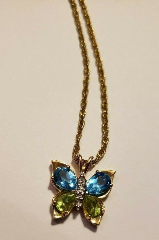Vintage Avon Butterfly 2.  5 Ct.  Topaz,  Peridot,  Diamond Pendant 10k Gold