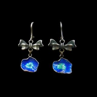 Art Deco Blue Enamel Flower And Bow Drop Sterling Silver Earrings C.  1920