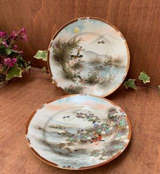 Vintage Japanese Kutani Ware Oriental Landscape Plates With Birds