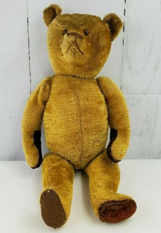 Large Antique 24 " Straw Filled Golden Mohair Jointed Teddy Bear With Glass Eyes