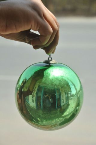 Vintage 5.  25  Green Heavy Glass Kugel,  Germany /christmas Ornament