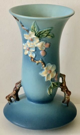 Vintage Roseville Art Pottery Apple Blossom Blue Vase 388 - 10 " Pink Flowers Mcm