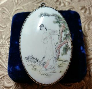 Vintage Antique Chinese Fine Silver Scrimshaw Enamel Necklace Pendant Locket