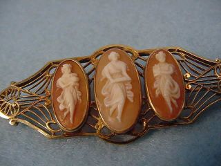 Vintage 14kt.  Gold Three Muses Carved Shell Cameo Pin