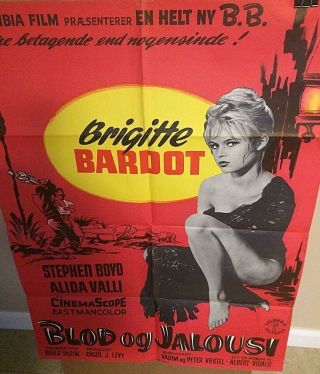 1958 Ultra Rare Danish Orig Brigitte Bardot " The Night Heaven Fell " Movie Poster