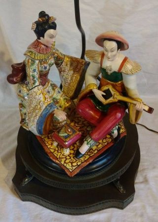 Antique Hand Painted Porcelain Ornate Table Lamp Light 32 " Asian Theme