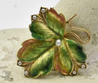 Antique Art Nouveau 10k Yellow Gold Multi Color Enamel & Pearl Leaf Pin Brooch