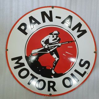 Pan Am Motor Oils 30 Inches Round Vintage Enamel Sign