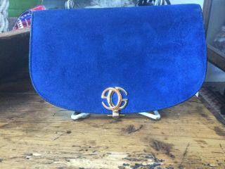 Vintage Gucci Clutch Wallet Purse Blue Suede Rare Gold