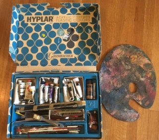 Vintage Grumbacher Art Set Palette Acrylic Paint Brushes Ruler Supplies