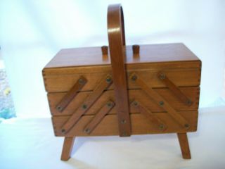 Vintage Wood Sewing Box W/ Legs & Handle Fold Out Organizer Made In Romania