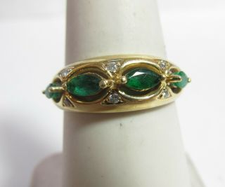 Estate 14k Solid Gold Ring With Natural Emeralds And Diamonds