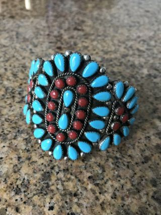 Vintage American Indian Signed Coral Turquoise Bracelet Large Silver