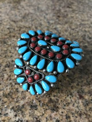 Vintage American Indian Signed Coral Turquoise Bracelet Large Silver 3