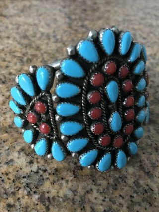 Vintage American Indian Signed Coral Turquoise Bracelet Large Silver 5