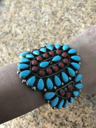 Vintage American Indian Signed Coral Turquoise Bracelet Large Silver 6