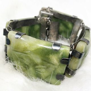 Vintage Sterling Silver Carved Face Jade Green Panel Link Bracelet Mexico 109g 6